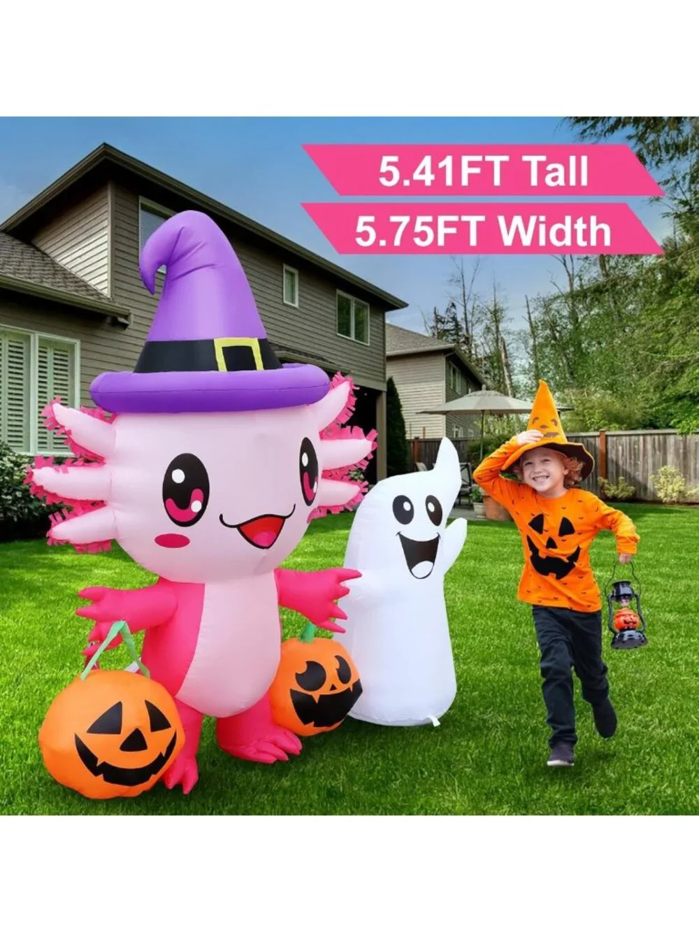 5.7FT Halloween Inflatable Axolotl Ghost with Pumpkin & LED Lights - Yard Decor